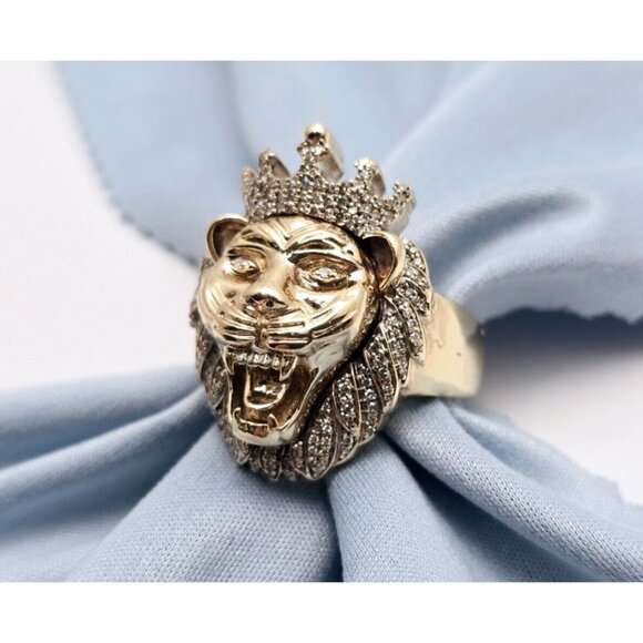 Unique 10K Solid Yellow Gold Designer Crown Lion Head Diamond Ring - Size 11.50 - Picture 3 of 15